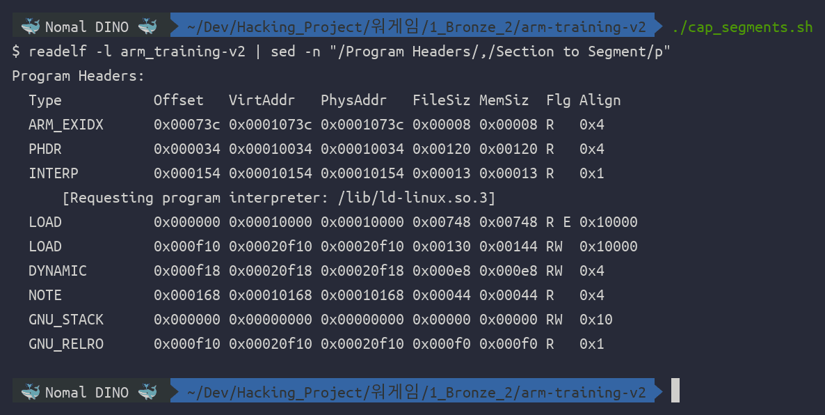 클릭하여 확대 readelf 로 본 프로그램 헤더. 첫 LOAD 는 0x10000 부터 R E 권한의 코드, 두 번째 LOAD 는 0x20f10 부터 RW 권한이며, GNU_RELRO 가 0x20f10 부터 0xf0 바이트 즉 0x21000 까지를 R 즉 읽기전용으로 덮어 그 구간의 GOT 가 시작 직후 고정된다