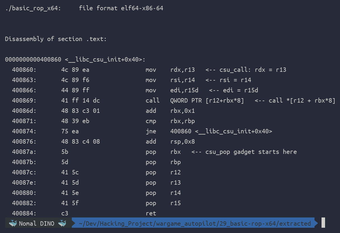 ํด๋ฆญํ์ฌ ํ๋ __libc_csu_init ๊ฐ์ ฏ โ csu_pop(๋ ์ง์คํฐ 6๊ฐ pop) + csu_call(rdx/rsi/edi ์ธํ
ํ ๊ฐ์ ํธ์ถ)
