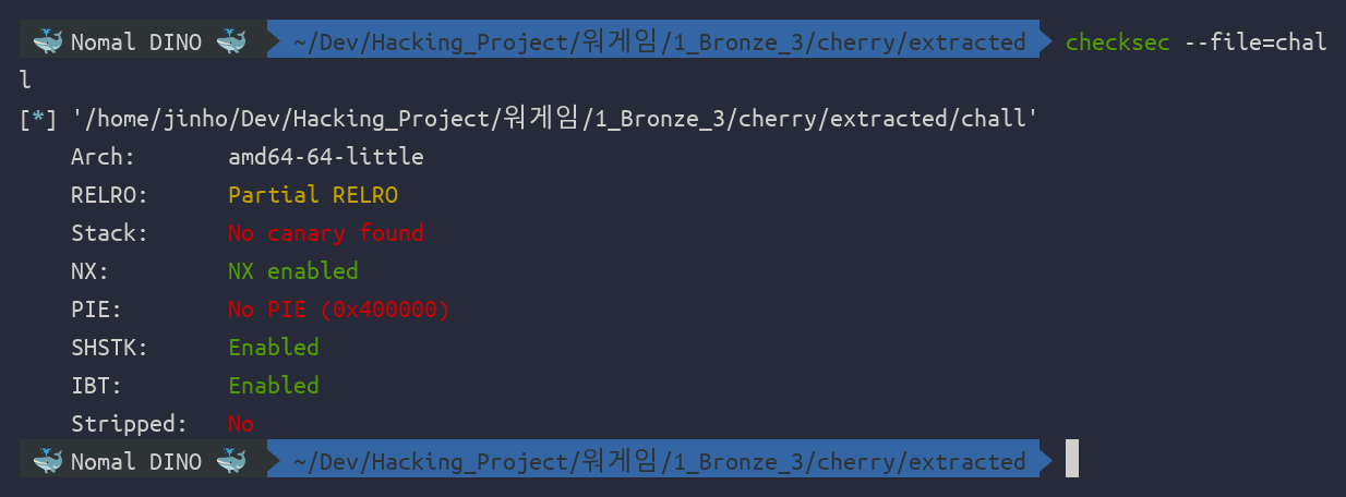 ํด๋ฆญํ์ฌ ํ๋ checksec ๊ฒฐ๊ณผ โ No canary found, No PIE, Partial RELRO. SHSTK/IBT๋ ๋ฐ์ด๋๋ฆฌ ์์ฒญ ํ๋๊ทธ์ผ ๋ฟ ์ค์ ์ปค๋ ๊ฐ์ ์ฌ๋ถ๋ ๋ณ๊ฐ