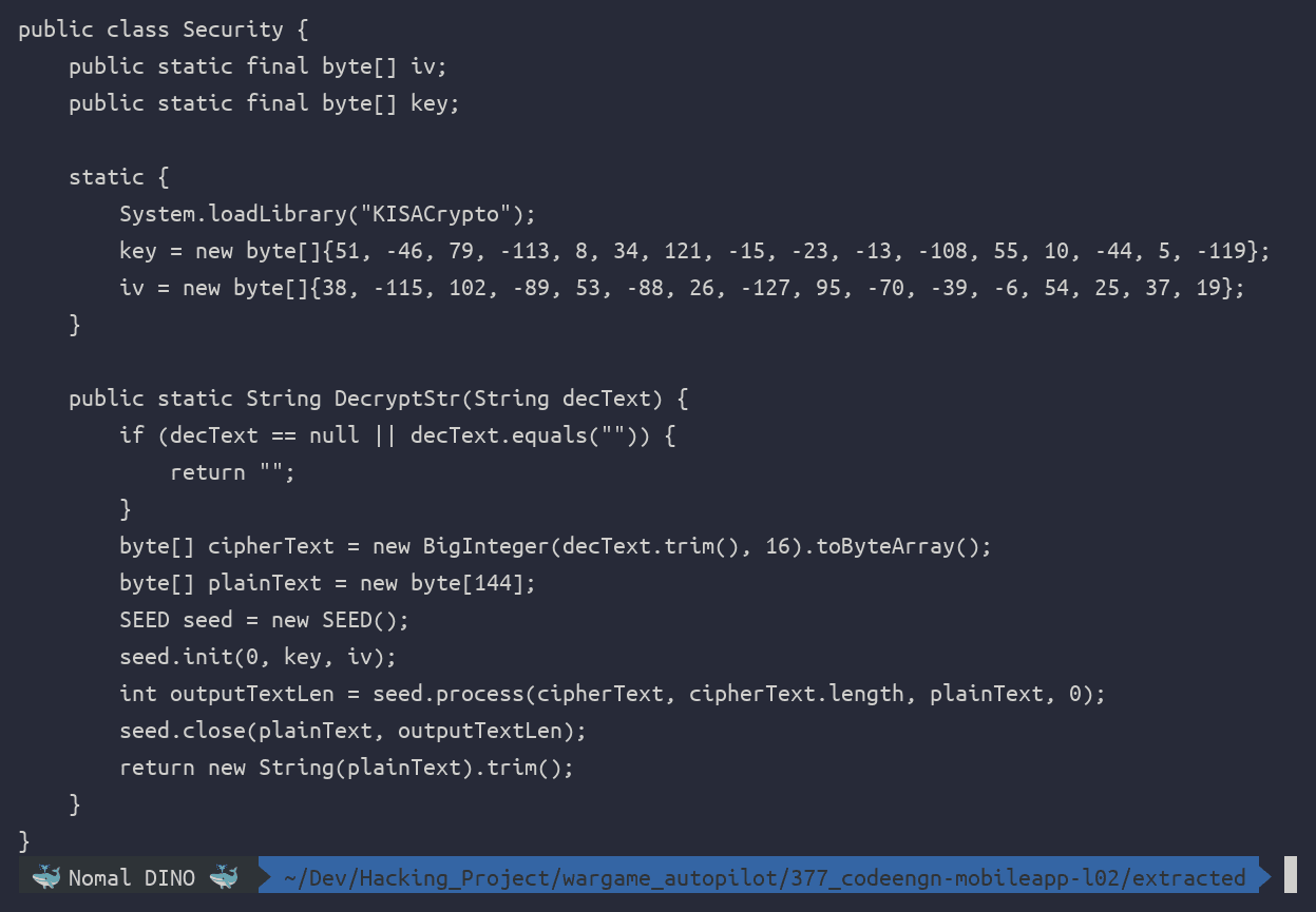 ํด๋ฆญํ์ฌ ํ๋ jadx ๋์ปดํ์ผ โ Security ํด๋์ค์ key/iv ์ ์ ๋ฐฐ์ด๊ณผ DecryptStr