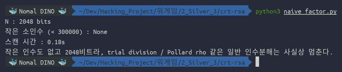 ํด๋ฆญํ์ฌ ํ๋ naive_factor.py ์คํ โ ์์ ์์ธ์ ์์. ์ผ๋ฐ ์ธ์๋ถํด๋ก๋ 2048๋นํธ ๋ฐ์์๊ฐ ์ ๊ฐ๋ผ์ง๋ค