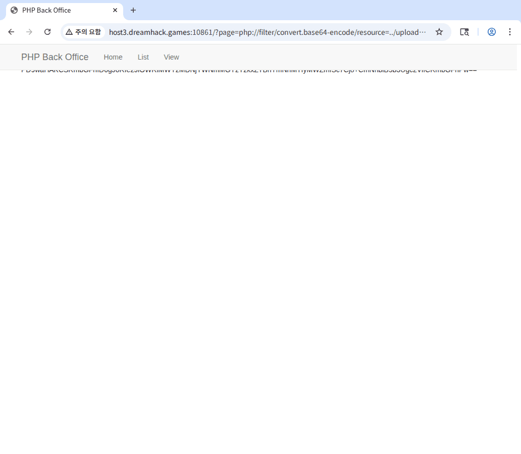 ํด๋ฆญํ์ฌ ํ๋ page ํ๋ผ๋ฏธํฐ๋ก php://filter LFI ์ฑ๊ณต โ base64 ์์ค ์ ์ถ