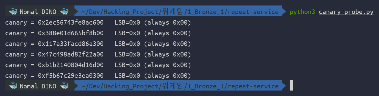 클릭하여 확대 canary_probe.py 출력 — 6회 연결 모두 카나리 최하위 바이트가 0x00 이고 상위 7바이트가 매번 다른(연결마다 재랜덤) 값으로 누출된다