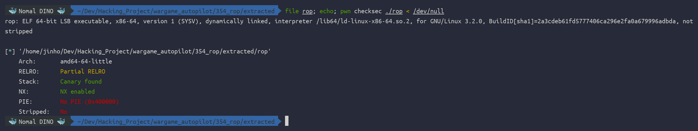 ํด๋ฆญํ์ฌ ํ๋ file + checksec โ NX on, Canary found, PIE off