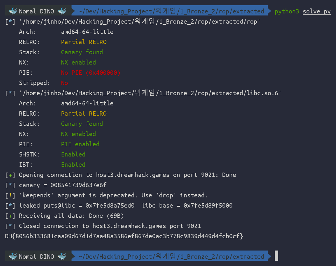 ํด๋ฆญํ์ฌ ํ๋ solve.py ์คํ โ canaryยทlibc leak ํ flag ํ์