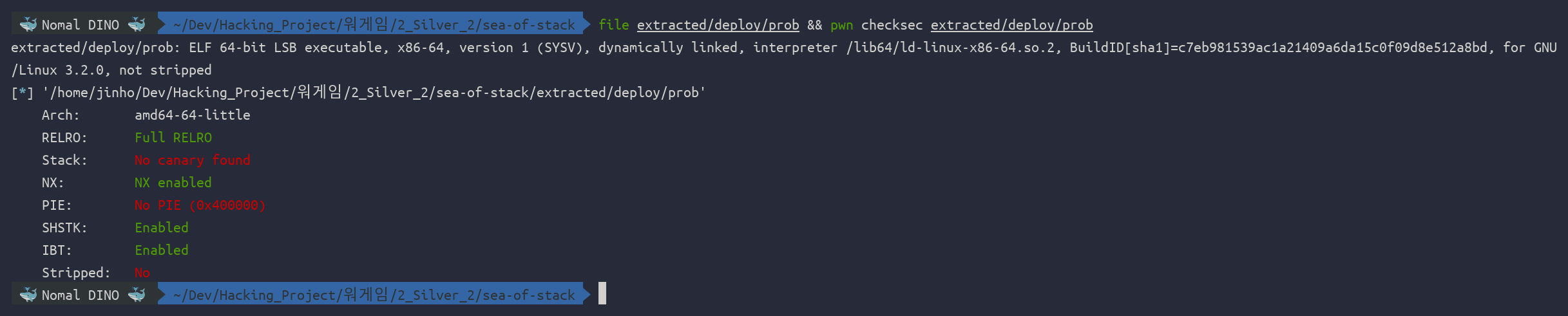 클릭하여 확대 file 과 pwn checksec 으로 확인한 prob 바이너리 보호 기법 — Full RELRO, No canary, NX, No PIE, SHSTK/IBT 표시