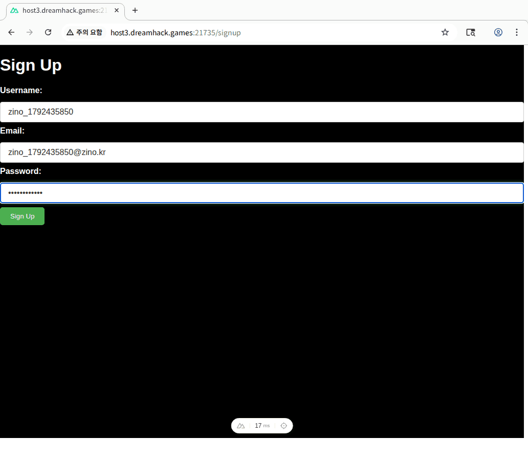 클릭하여 확대 회원가입 폼 화면 — username·email·password 세 입력란을 채운 상태. Sign Up 을 누르면 /api/signup 이 호출돼 내 전용 Todolist 행이 하나 생성된다. 주소창은 host3.dreamhack.games/signup 로, 공격용 일반 계정을 여기서 만든다