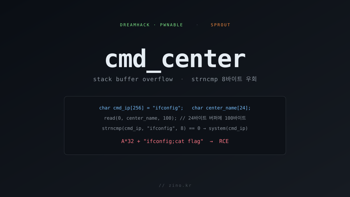 [🌱 새싹] strncmp 는 앞 8바이트만 본다 — DreamHack cmd_center 풀이