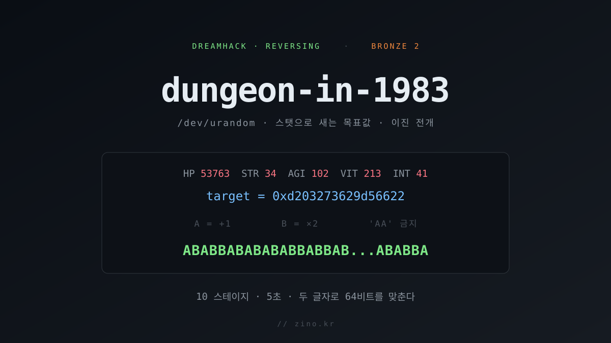 [🥉 Bronze 2] 스탯 창에 목표값이 통째로 적혀 있었다 — DreamHack dungeon-in-1983 풀이