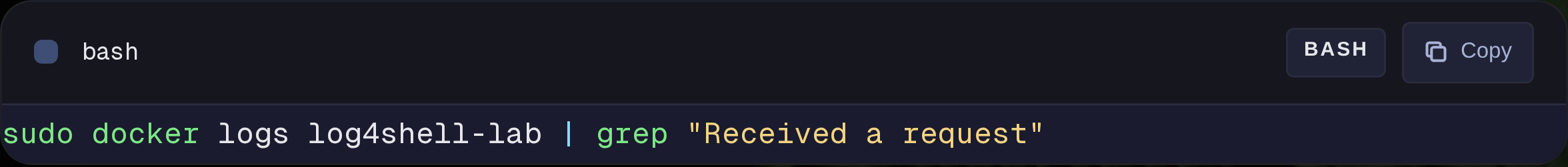 docker logs — JNDI payload가 INFO 레벨 로그에 찍힌 화면